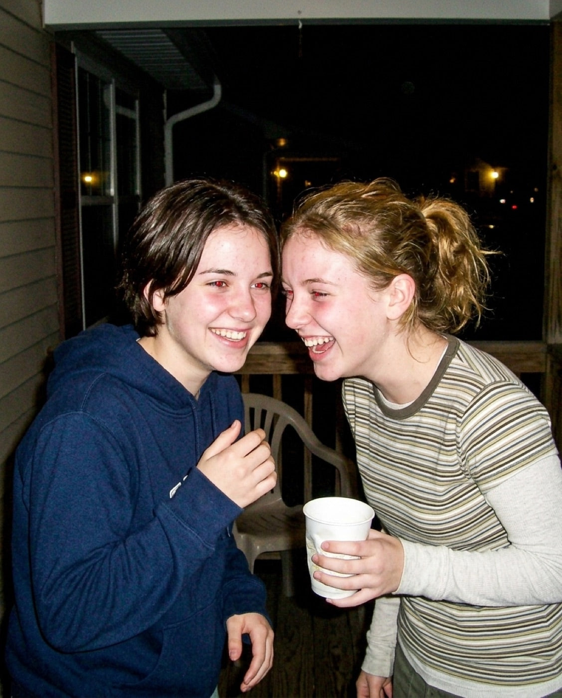 A flash-lit photo of two friends taken on a Momentlo camera