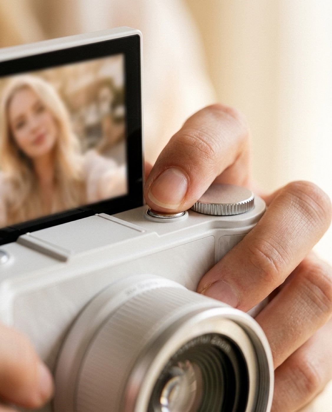 A thumb pressing the shutter button on the Momentlo camera